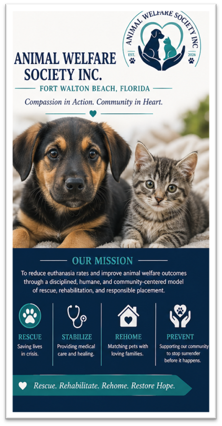 Animal Welfare Society Inc. โ Fort Walton Beach, Florida. Our Mission: Rescue, Stabilize, Rehome, Prevent. Rescue. Rehabilitate. Rehome. Restore Hope.