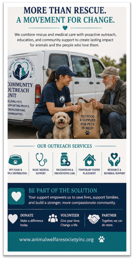 More Than Rescue. A Movement for Change. โ Community Outreach Unit, Pet Food & Supplies, Medical Support, Vaccinations, Foster Placement, Resource & Referral Support